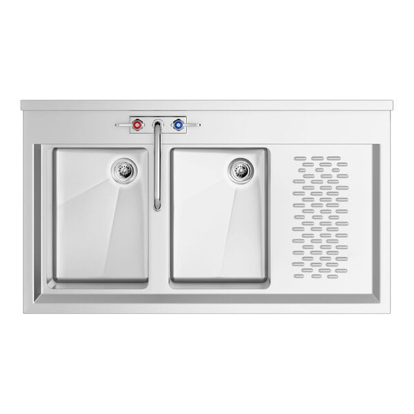A stainless steel double-bowl sink with a right-side drainboard and a central faucet featuring separate hot and cold water controls.