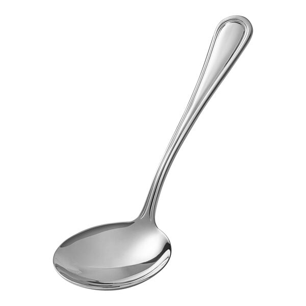 An Acopa stainless steel gravy ladle with a long silver handle.