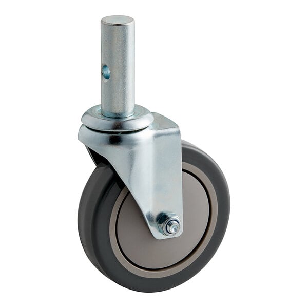 A close-up of a black Lavex polyurethane wheel with a metal post.