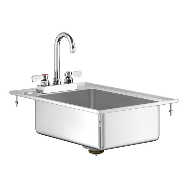 A stainless steel drop-in sink with a single deep basin and a tall swivel gooseneck faucet featuring separate hot and cold handles.