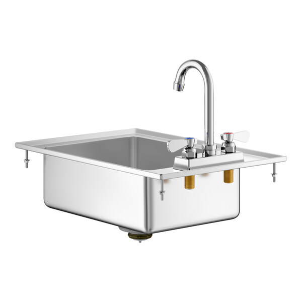 A stainless steel drop-in sink with a single compartment and a tall gooseneck faucet featuring two handles.