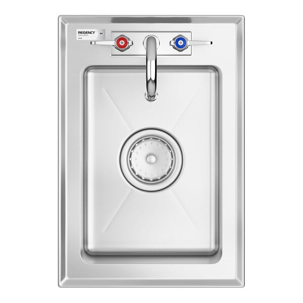 A rectangular stainless steel sink with a central drain and a gooseneck faucet featuring separate hot and cold handles.