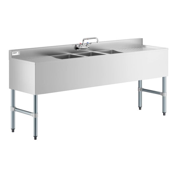 Regency 72" x 18 3/4" Three Bowl Underbar Sink with Faucet and Two Drainboards