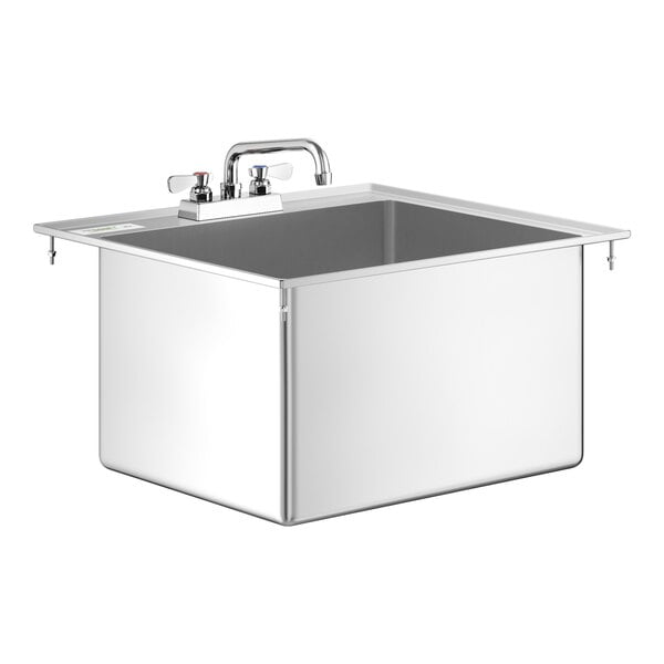 A stainless steel sink with two faucets.