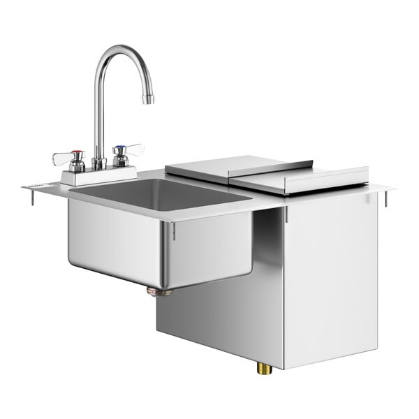 A stainless steel drop-in hand sink with a gooseneck faucet, dual handles, and an adjacent covered ice bin compartment.