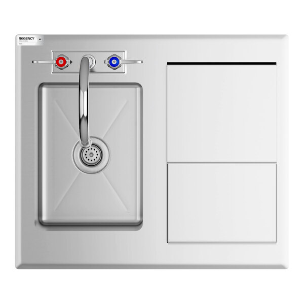 A stainless steel sink with a faucet featuring hot and cold handles, and an adjacent ice bin compartment.