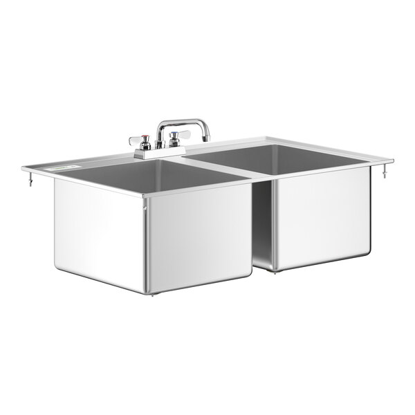 A Regency stainless steel double bowl drop-in sink with a faucet over two sinks.