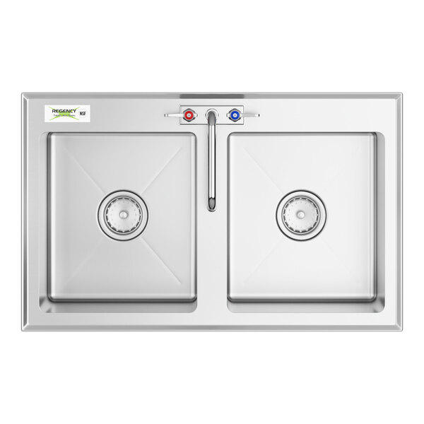 A Regency stainless steel double bowl drop-in sink with faucets.