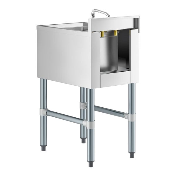 A stainless steel sink with a single deep basin, mounted on four metal legs with cross supports, and a faucet attached at the back.