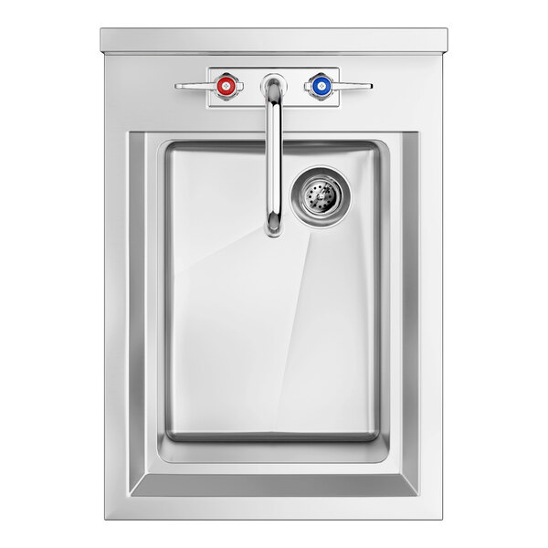 A stainless steel sink with a single rectangular basin, a central faucet, and two handles marked with red and blue for hot and cold water.
