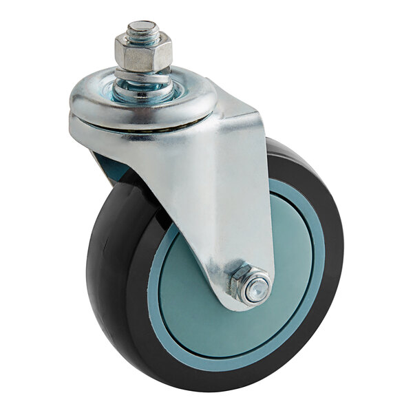 A black and blue polyurethane wheel with a metal bolt.