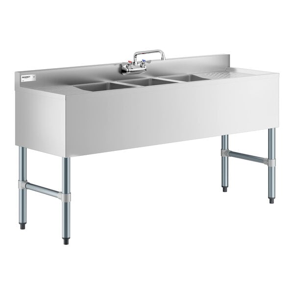Regency 60" x 18 3/4" Three Bowl Underbar Sink with Faucet and Two Drainboards
