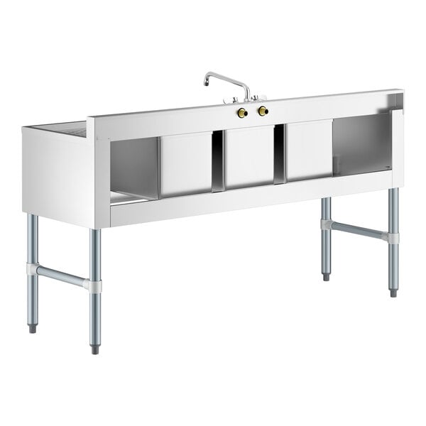 Regency 60" x 18 3/4" Three Bowl Underbar Sink with Faucet and Two Drainboards