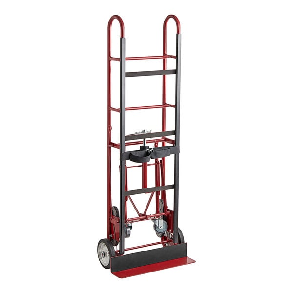 A red and black Lavex steel appliance hand truck with aluminum wheels.