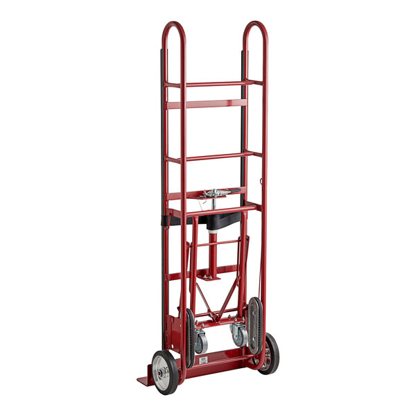 A red Lavex steel hand truck with black wheels.