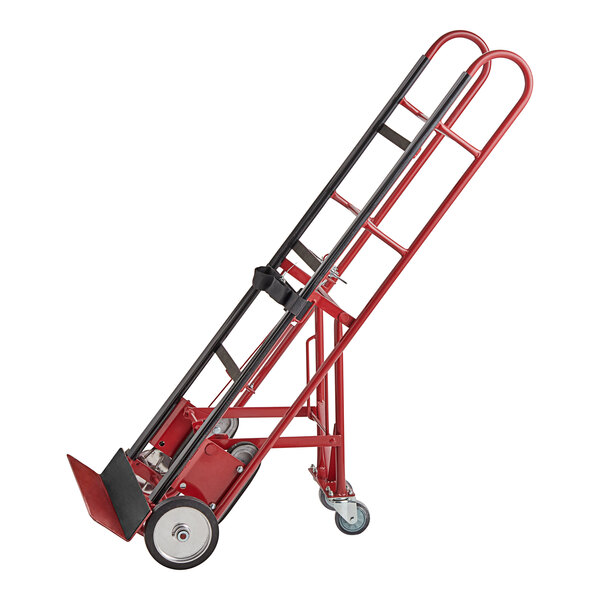 A red and black Lavex steel appliance hand truck with aluminum wheels.