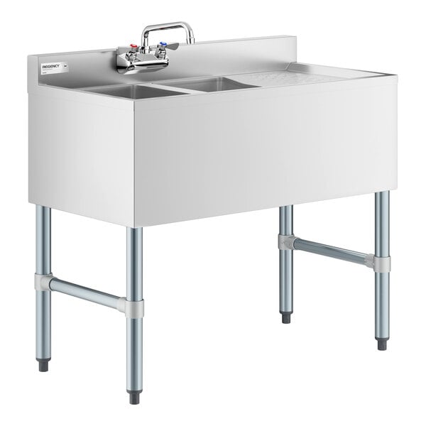 Regency 36" x 18 3/4" Two Bowl Underbar Sink with Faucet and Right Drainboard