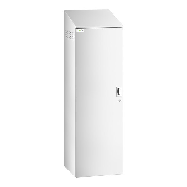 A white rectangular metal cabinet with a door.