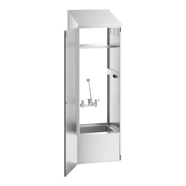 A Regency stainless steel mop sink cabinet with a faucet and door.