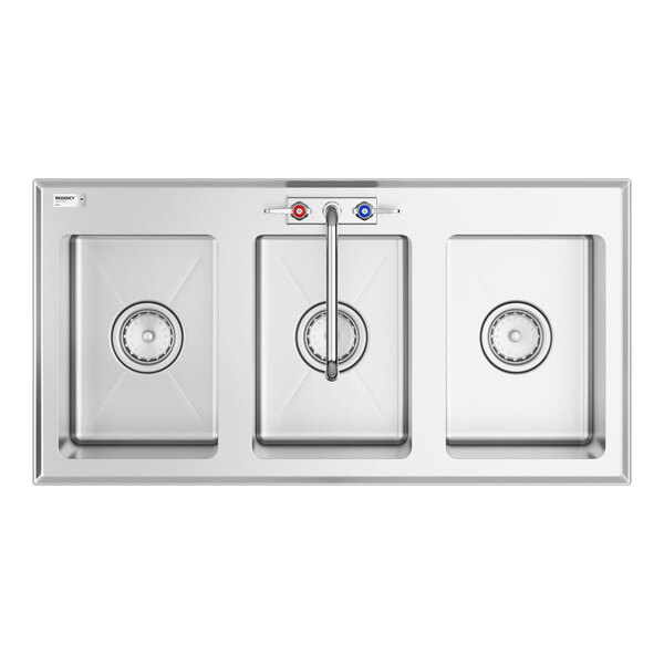 A stainless steel three-compartment sink with a central faucet and separate hot and cold water controls.