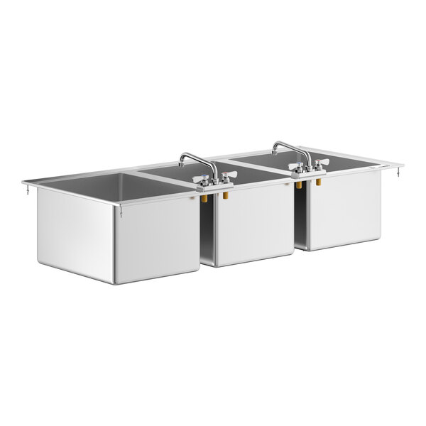A stainless steel three-compartment drop-in sink with two swing faucets, each positioned between the compartments.