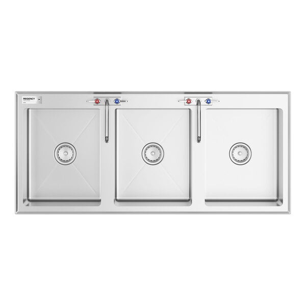 A stainless steel three-compartment sink with two swing faucets, each compartment having a drain at the center.