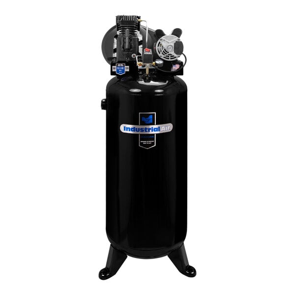 A black Industrial Air stationary air compressor with a white label.