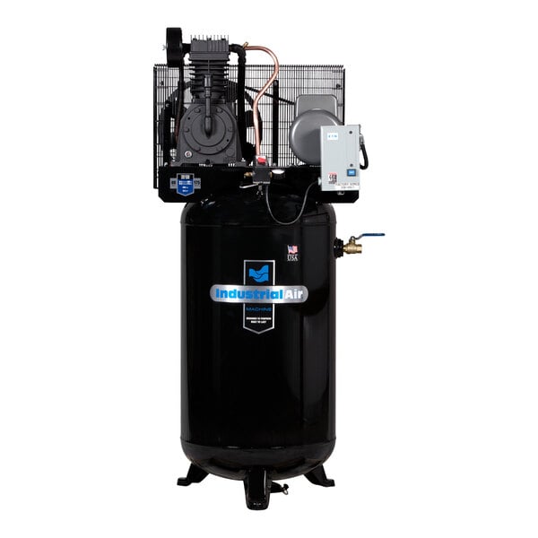 A black and silver Industrial Air stationary air compressor.