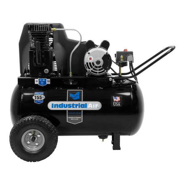 An Industrial Air portable horizontal air compressor with wheels.