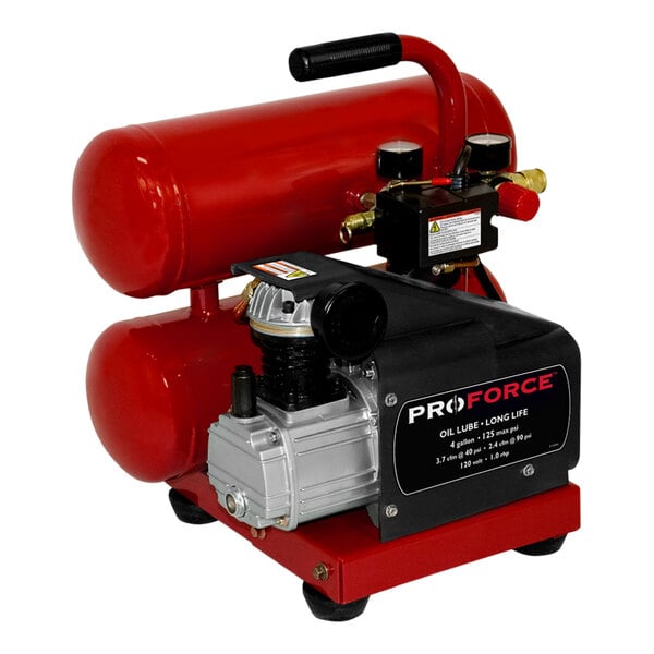 A close-up of a ProForce air compressor with a red and black tank.