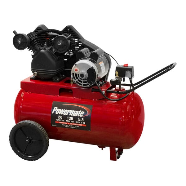 A red and black Powermate air compressor with a black motor.