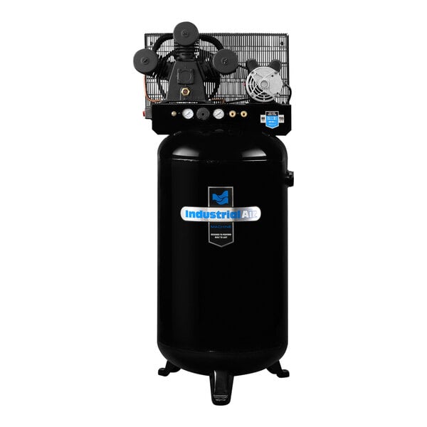 An Industrial Air black vertical stationary air compressor.