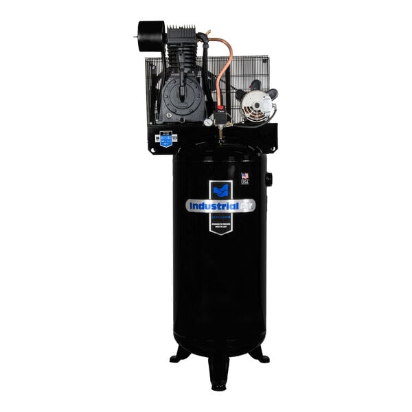 A black Industrial Air stationary air compressor with a white label on the cylinder.