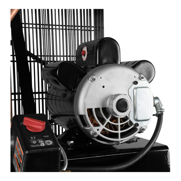 An Industrial Air stationary vertical air compressor with a black and white steel exterior.