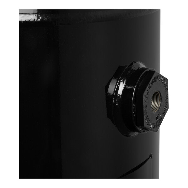 A black vertical steel cylinder with a black metal cap and a black hose.