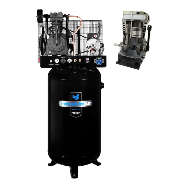 An Industrial Air vertical air compressor with a black cast iron cylinder and integrated control panel.