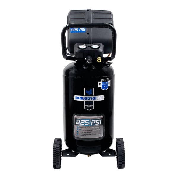 An Industrial Air black vertical air compressor with wheels.