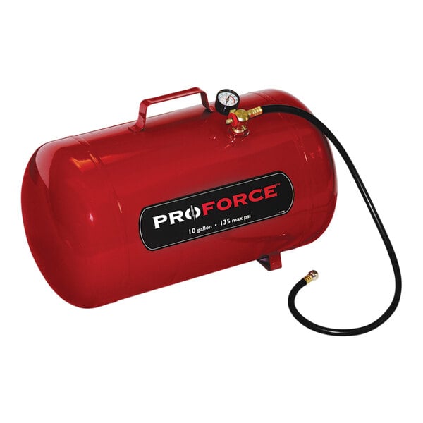 A red ProForce 10 gallon portable horizontal steel air tank with a pressure gauge and hose.