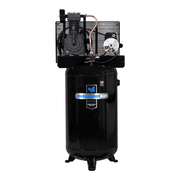 An Industrial Air 80 gallon black and silver stationary air compressor with a fan.