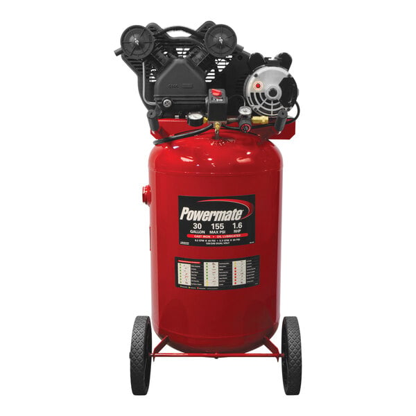 A red Powermate 1.6 hp air compressor.