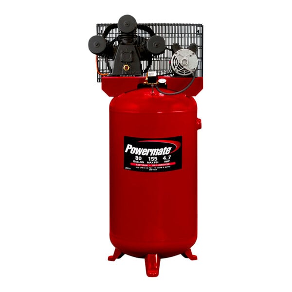 A red Powermate air compressor with a black label on the red cylinder.