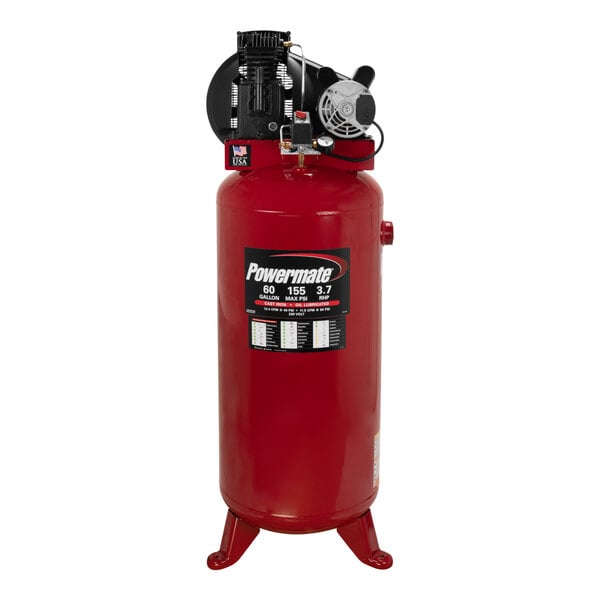 A red Powermate vertical air compressor cylinder with a black and white label.