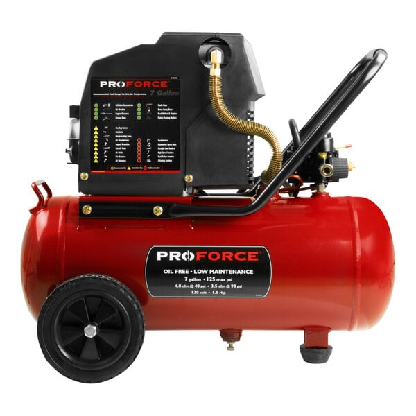 A red and black ProForce air compressor with wheels.