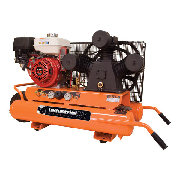 An orange air compressor with a red and white engine.