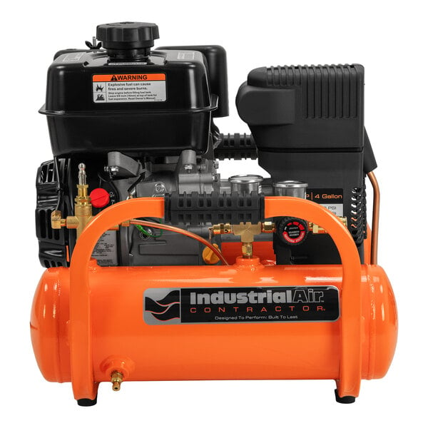 An orange and black Industrial Air Contractor portable air compressor with orange wheels.