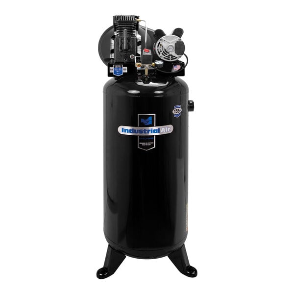 A black Industrial Air stationary air compressor with a white label on the cylinder.