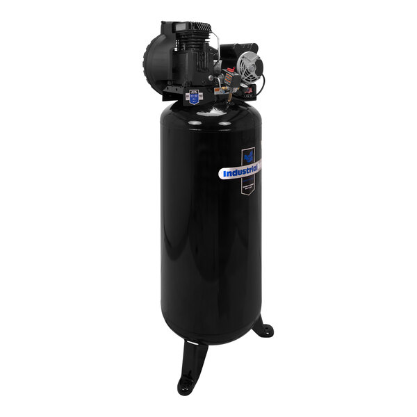 A black Industrial Air stationary air compressor with a white label on the cylinder.