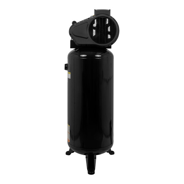 A black Industrial Air stationary air compressor with a white cap on the cylinder.