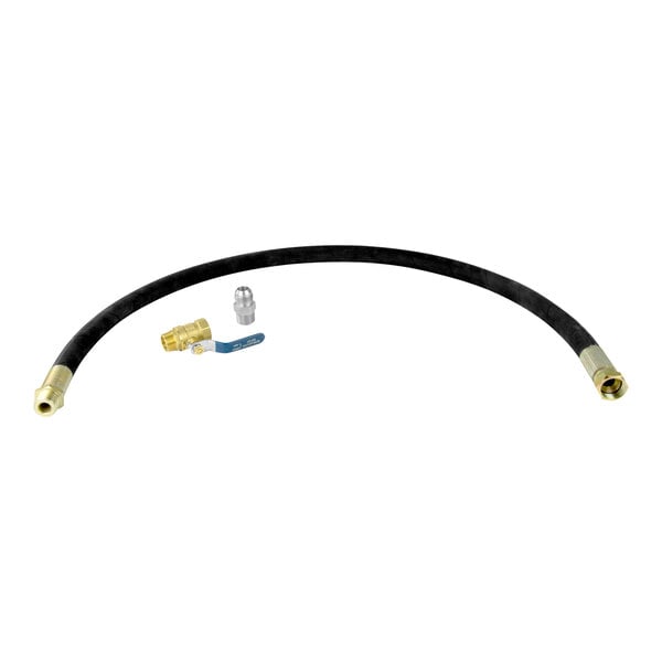 An Industrial Air black rubber tube with brass and silver metal fittings.