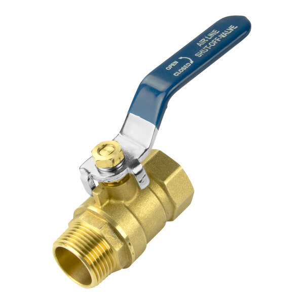 An Industrial Air stationary air compressor installation kit brass ball valve with a blue handle.